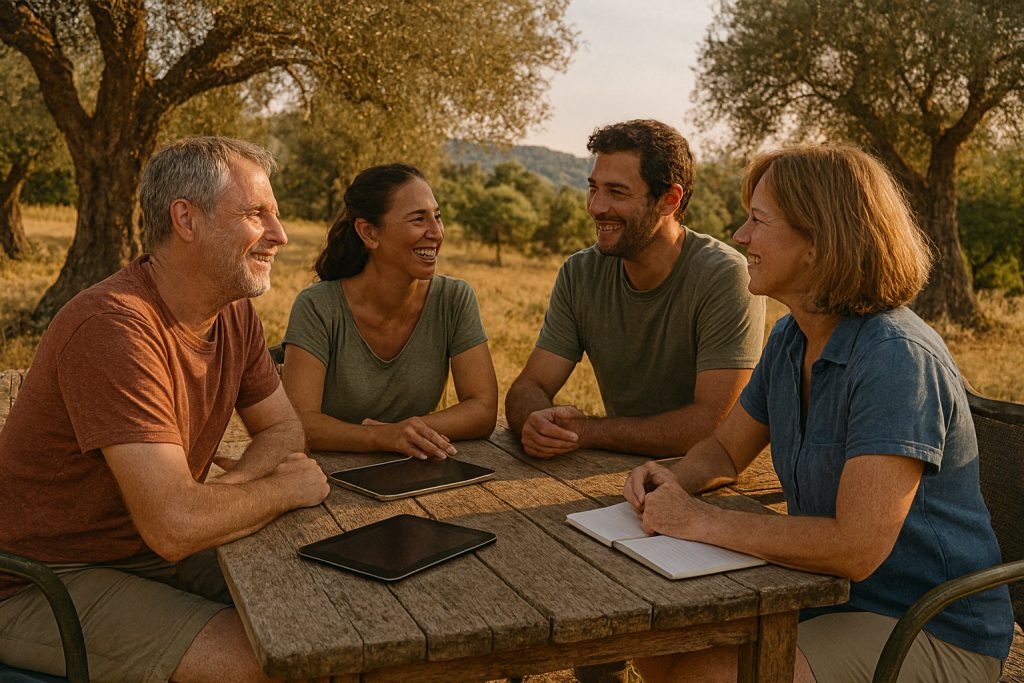 AiSLAND Austausch Oliven Inspiration Vier Personen sitzen lächelnd und unterhalten sich an einem Holztisch im Freien. Zwei Tablets und ein Notebook liegen auf dem Tisch. Sie sind umgeben von Bäumen und einer sonnigen Landschaft.