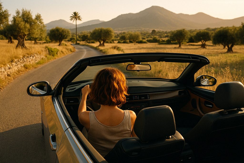 AiSLAND Cabrio Mallorca Landschaft Eine Person mit kurzen Haaren fährt in einem Cabrio eine Landstraße entlang, die von Feldern und Bäumen umgeben ist. Links steht eine einzelne Palme, im Hintergrund sind Berge unter einem klaren, warmen Himmel zu sehen.