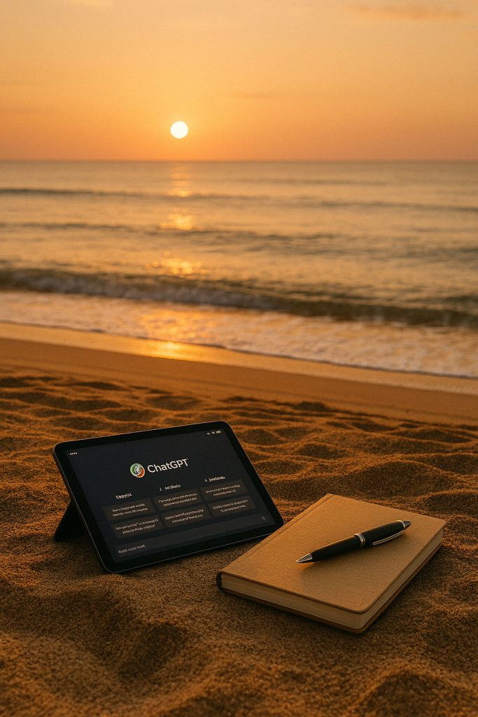 AiSLAND ChatGPT Strand Arbeit Tablet mit ChatGPT-Anzeige am Sandstrand bei Sonnenuntergang, neben einem geschlossenen Notizbuch und einem Stift. Im Hintergrund rauschen sanfte Wellen, die Sonne geht am Horizont unter und taucht die Szene in einen orangefarbenen Schimmer.