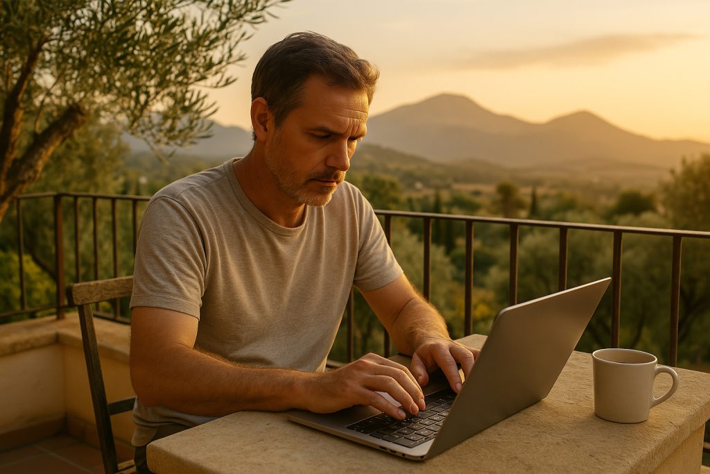 AiSLAND Konzentriertes Arbeiten Sonnenuntergang Ein Mann tippt an einem Tisch im Freien auf seinem Laptop. Neben ihm steht eine Kaffeetasse. Er sitzt auf einem Balkon und genießt einen malerischen Blick auf Bäume und Berge bei goldenem Sonnenuntergang.