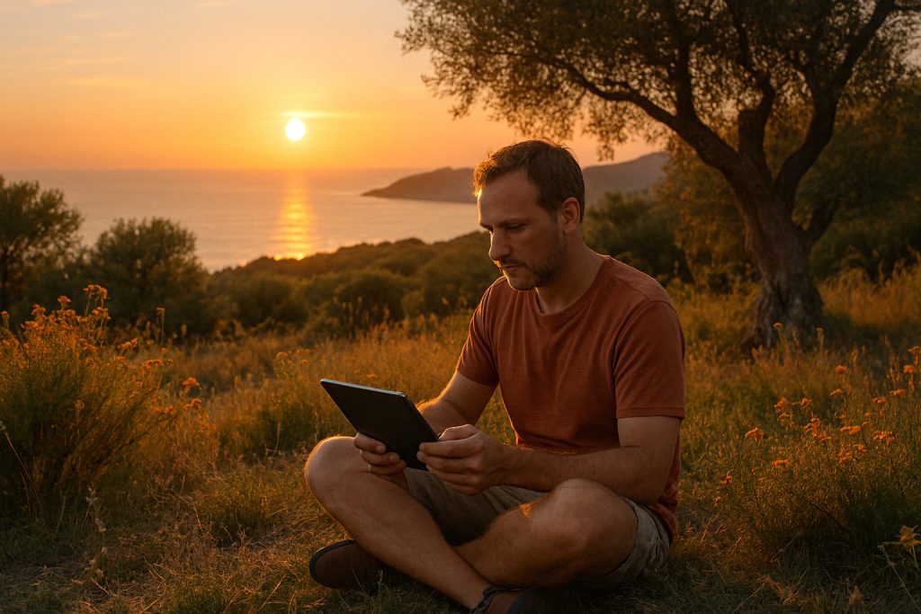 AiSLAND Konzentriertes Lernen Natur Ein Mann in einem rostfarbenen Hemd sitzt im Gras und hält ein Tablet in der Hand. Im Hintergrund ist ein ruhiger Sonnenuntergang über dem Meer zu sehen. Bäume und Wildblumen rahmen die Szene ein und schaffen eine friedliche und besinnliche Atmosphäre.