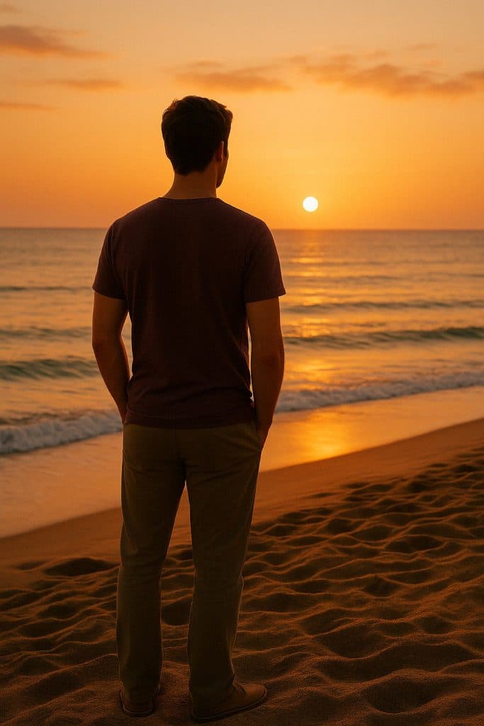 AiSLAND Mann Strand Sonnenuntergang Back Eine Person steht bei Sonnenuntergang am Strand und betrachtet die Sonne über dem ruhigen Meer. Himmel und Wasser sind in warmen Orange- und Gelbtönen getaucht, und sanfte Wellen nähern sich dem Ufer.