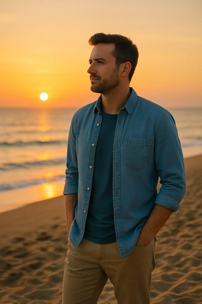 AiSLAND Mann Strand Sonnenuntergang Front Ein Mann steht bei Sonnenuntergang mit den Händen in den Taschen an einem Sandstrand, trägt ein Jeanshemd über einem T-Shirt und Khakihosen und blickt nachdenklich zum Horizont, während die Sonne über dem Meer untergeht.