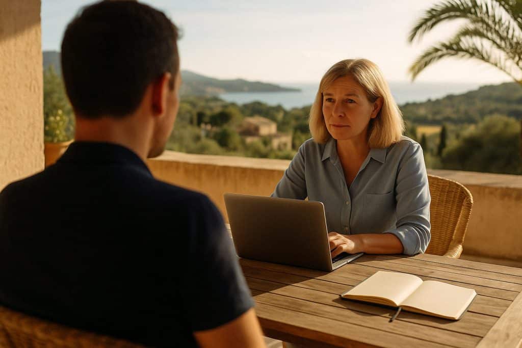 AiSLAND One on One Coaching Eine blonde Frau sitzt mit einem Laptop an einem Tisch, einem Mann gegenüber. Sie befinden sich draußen auf einer Terrasse mit malerischem Blick auf Hügel, Bäume und Wasser im Hintergrund. Auf dem Tisch liegt ein offenes Notizbuch.