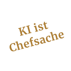 Text KI ist Chefsache in brauner Schrift auf weißem kreisförmigen Hintergrund.