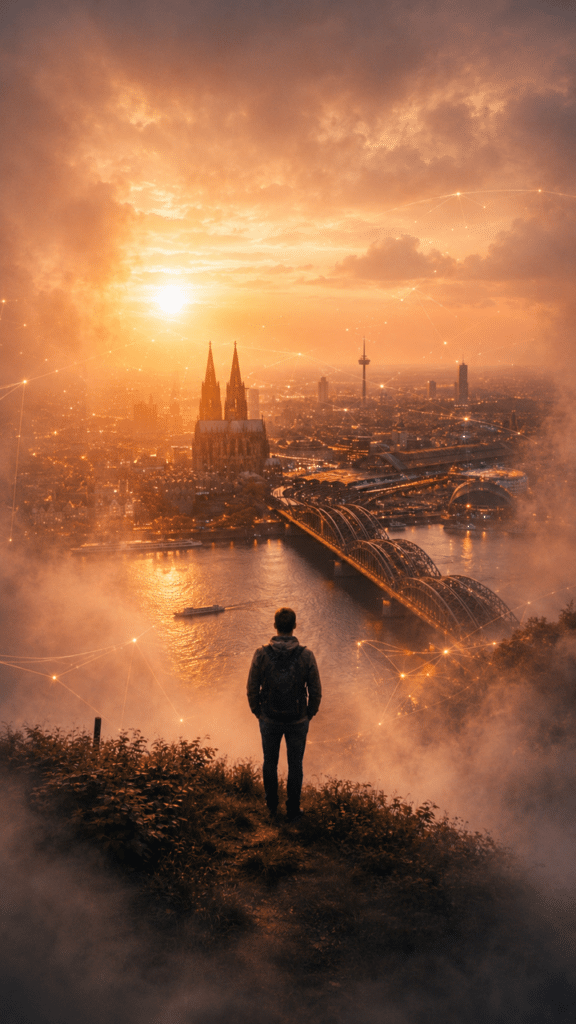 AiCITY Mann schaut auf Stadt bei Sonnenuntergang